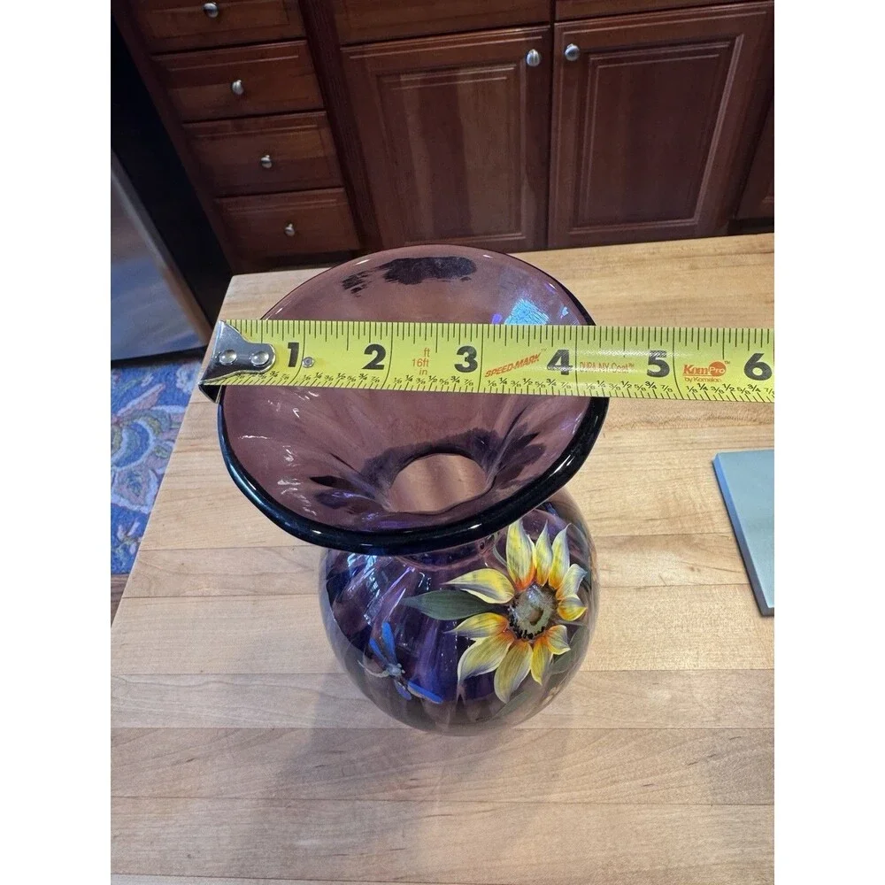 Fenton Amethyst Glass Vase Hand Painted Sunflower Dragonfly Signed D Cutshaw